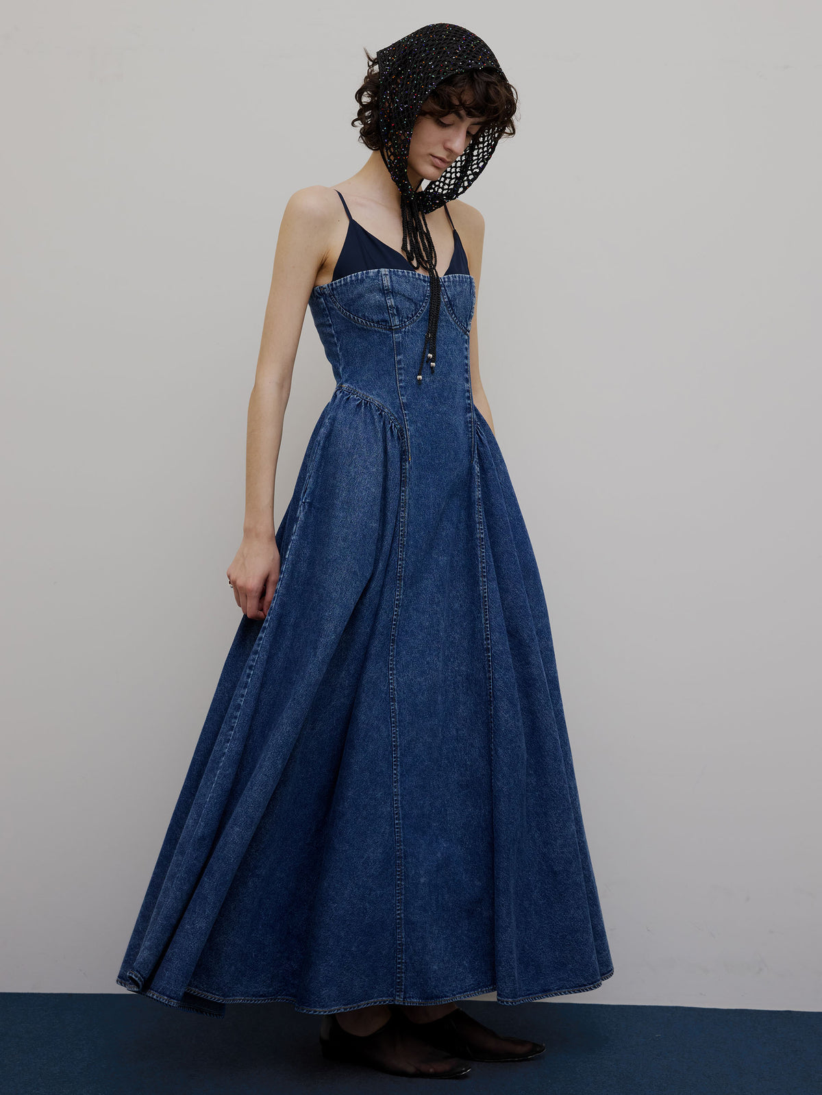 DENIM BUSTIER DOCKING FLARE DRESS