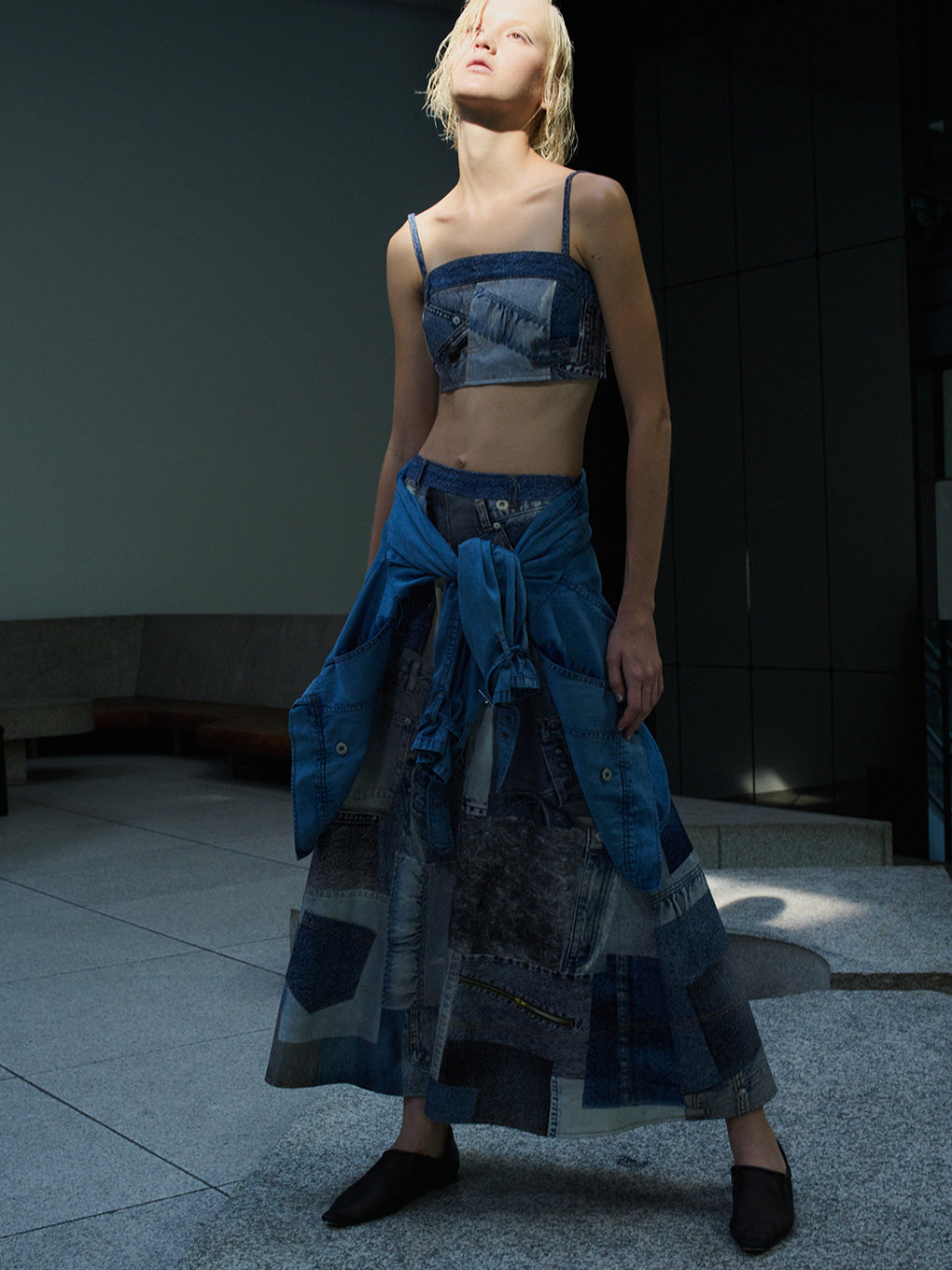 DENIM PATCHWORK PRINT SKIRT