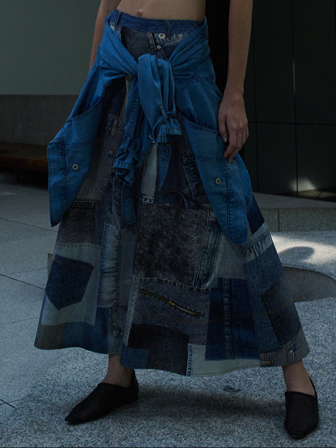 DENIM PATCHWORK PRINT SKIRT
