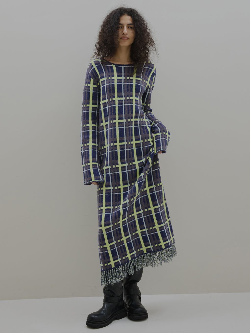 2WAY HANDWRITING CHECK KNIT DRESS