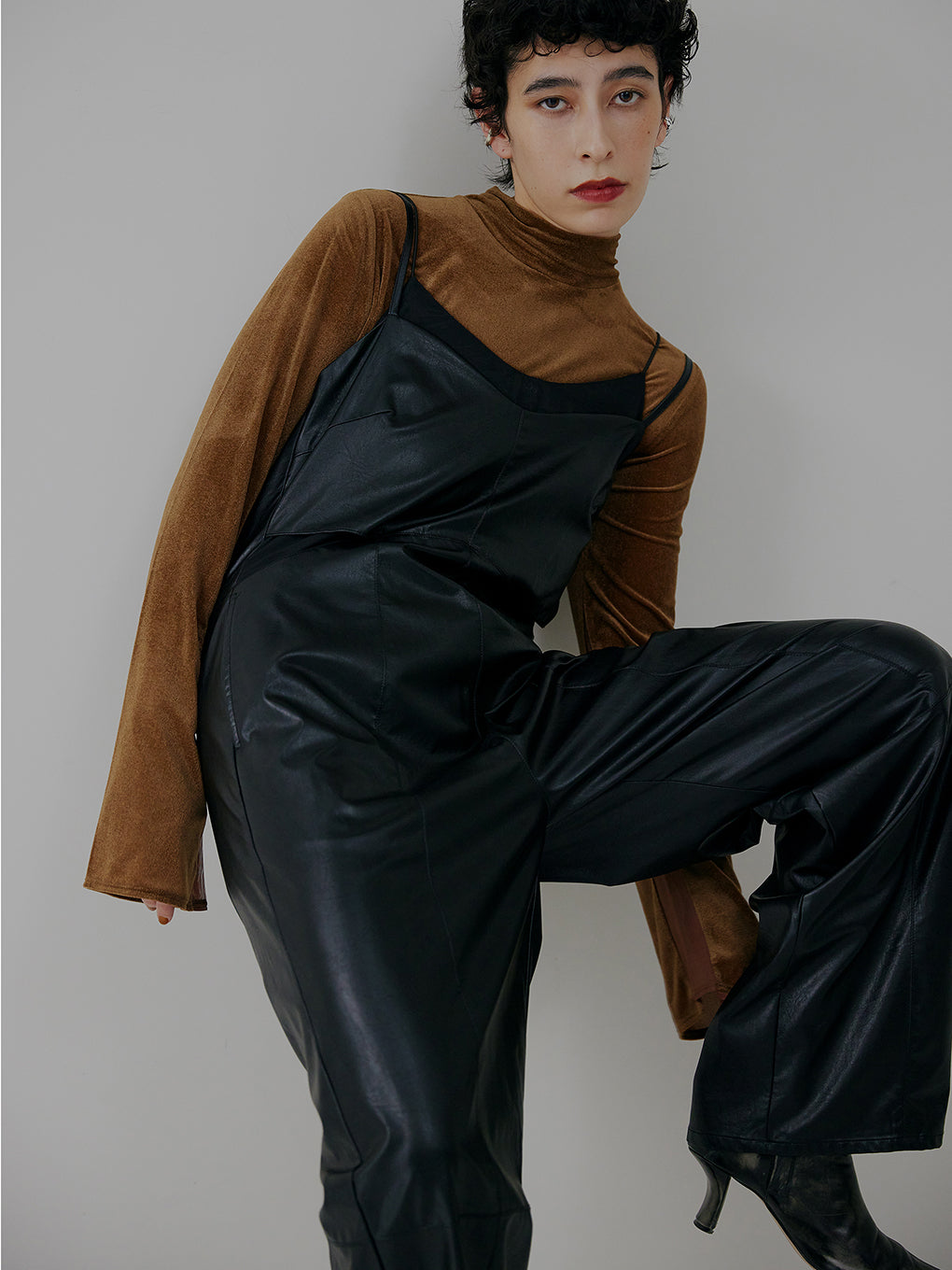 UND SHEER LAYERED  FAKE LEATHER ROMPERS