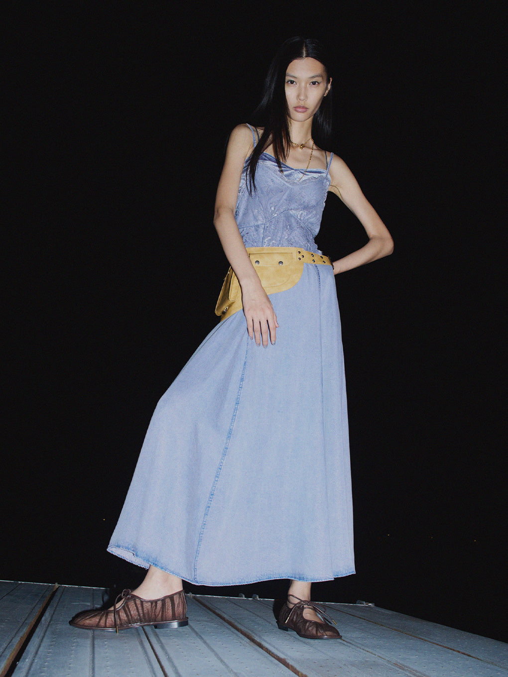 LACE DOCKING TENCEL DENIM FLARE DRESS