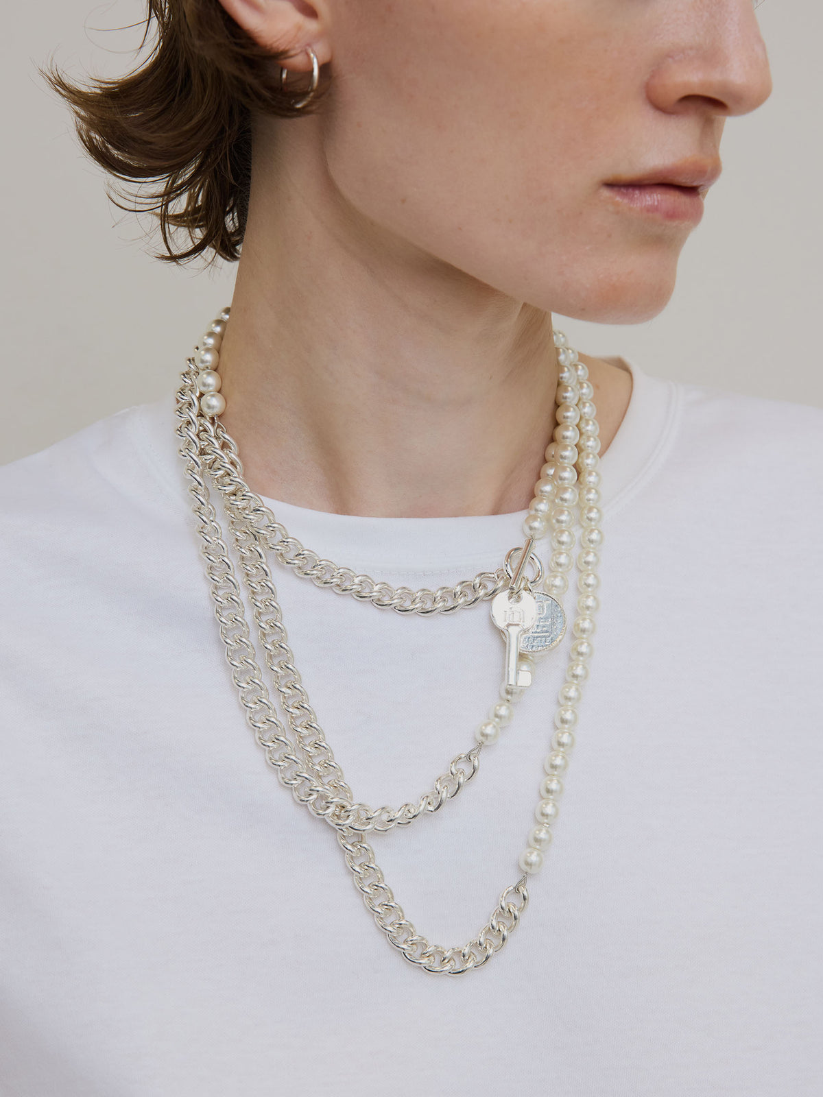 3WAY MOTIF FAKE PEARL CHAIN NECKLACE