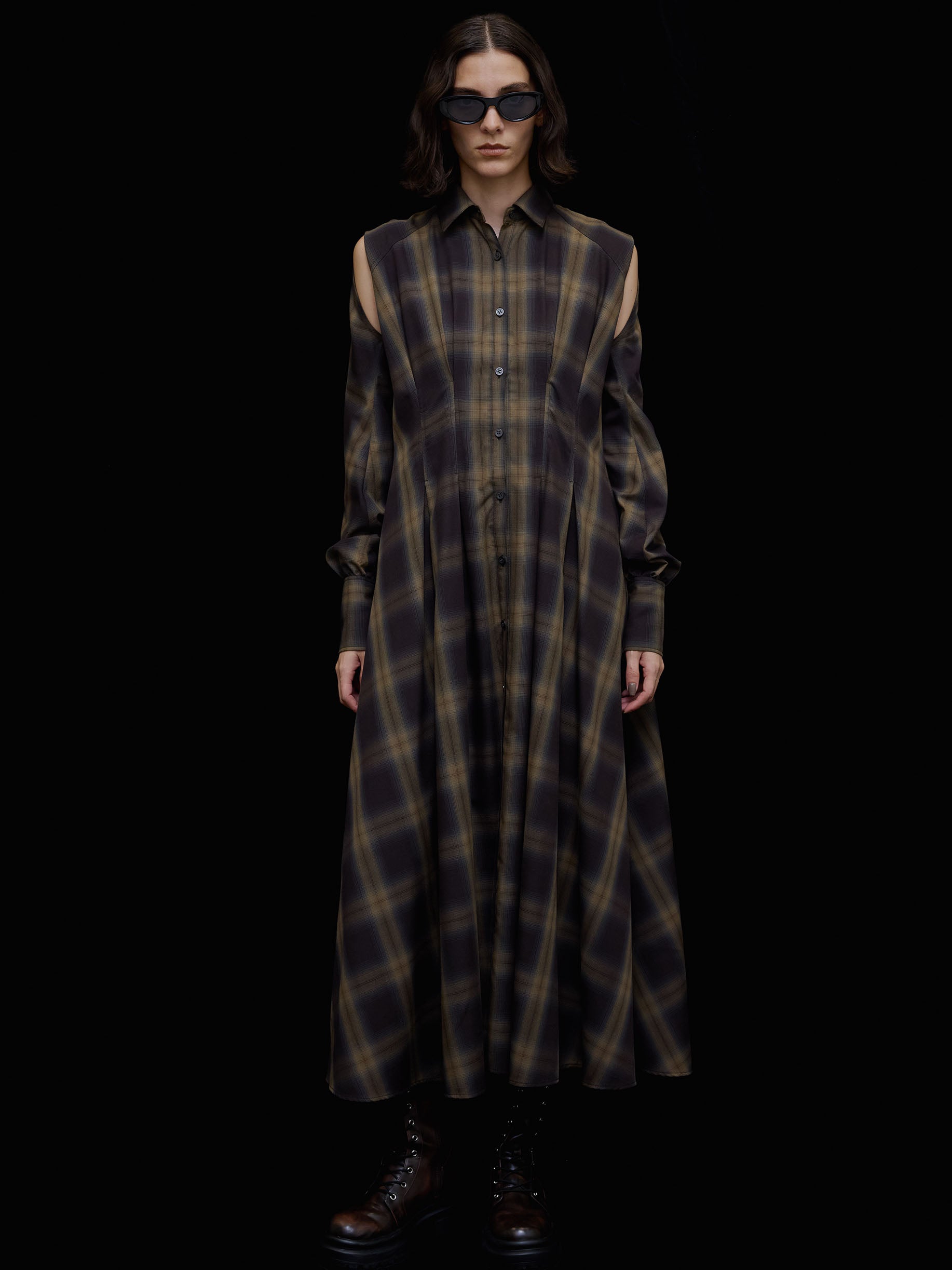 3WAY OMBRE CHECK FLARE DRESS