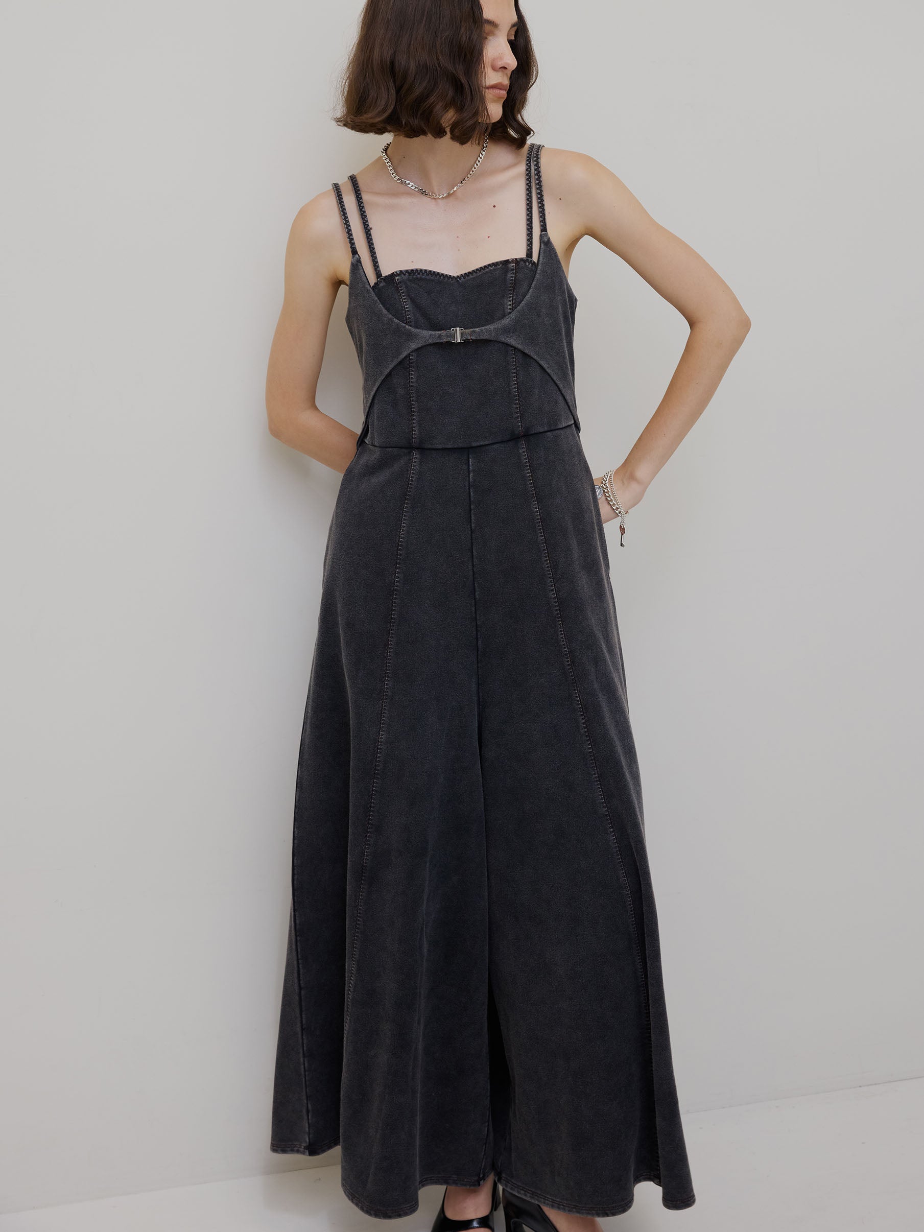 DENIM LIKE VOLUME CAMI ROMPERS