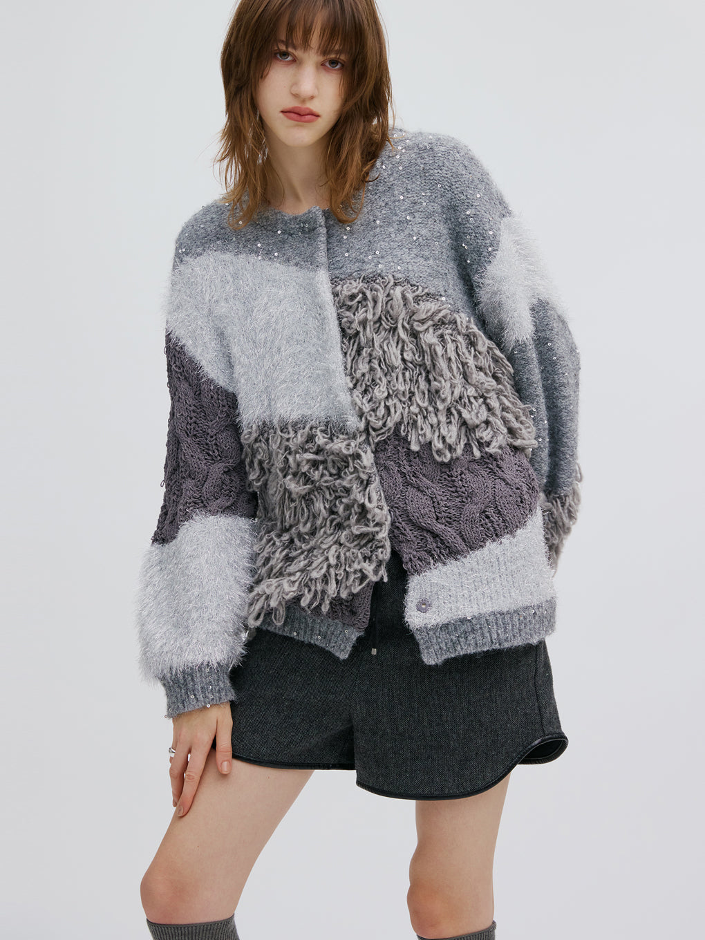 UND MIX YARN PATCHWORK KNIT CARDIGAN