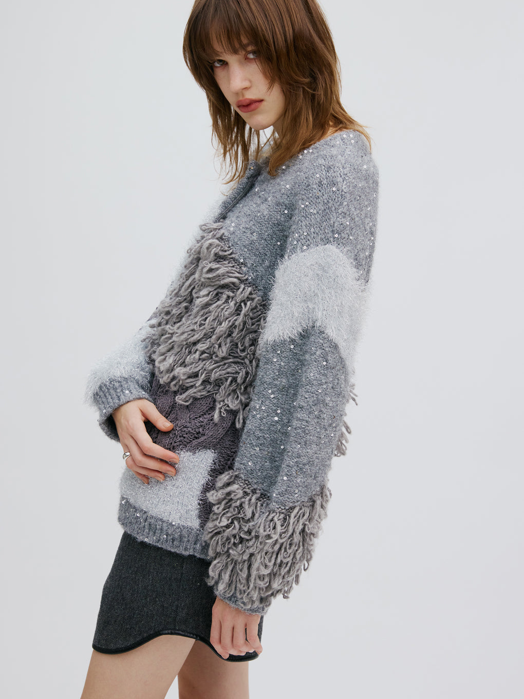 UND MIX YARN PATCHWORK KNIT CARDIGAN