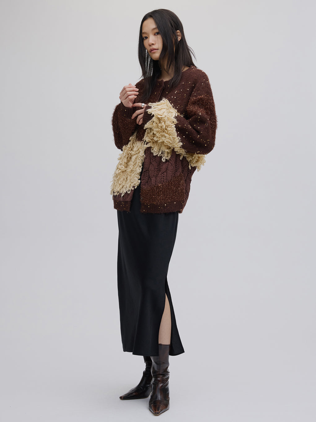 UND MIX YARN PATCHWORK KNIT CARDIGAN