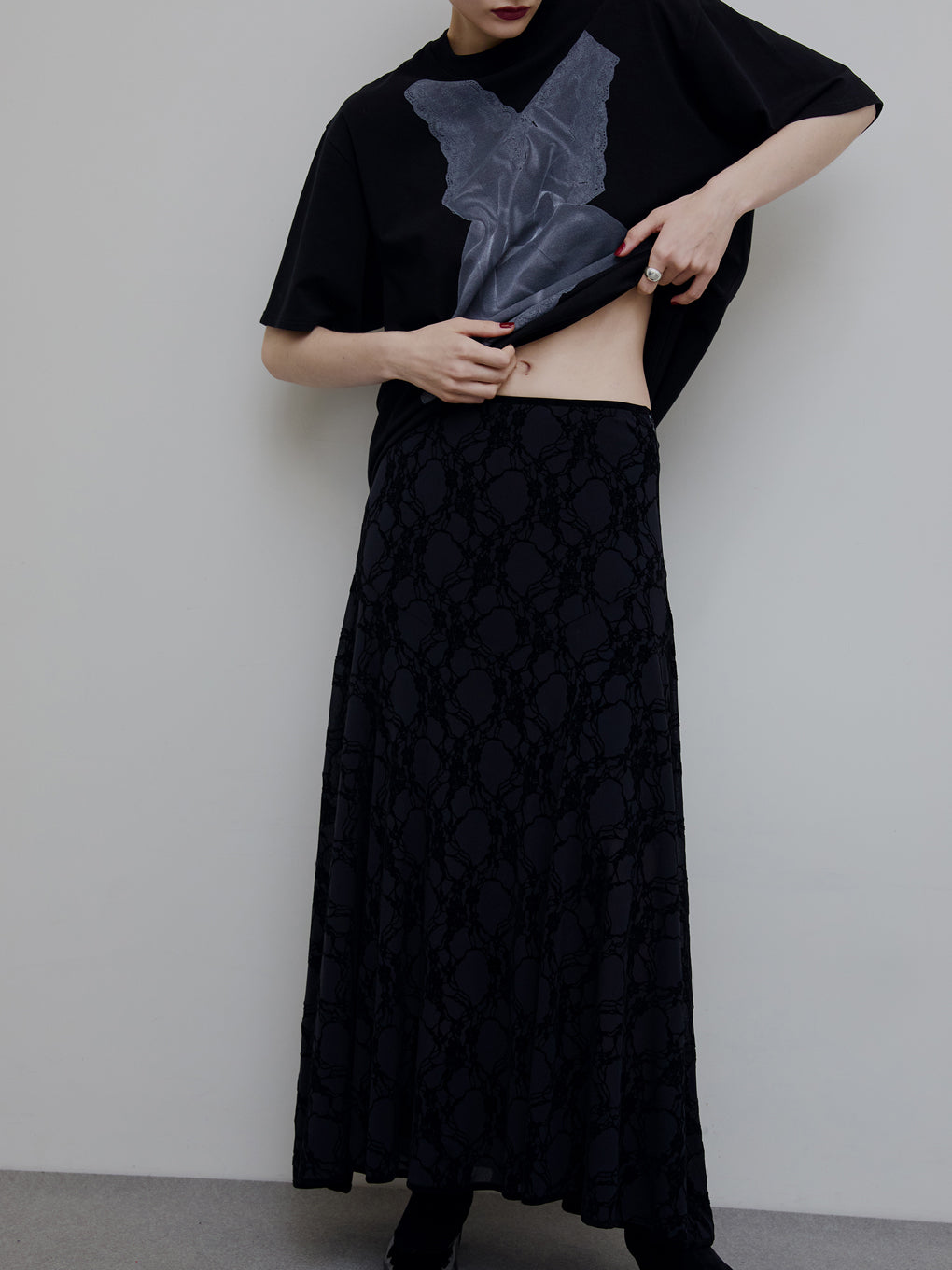SHEER FLOCKY SEMI FLARE SKIRT
