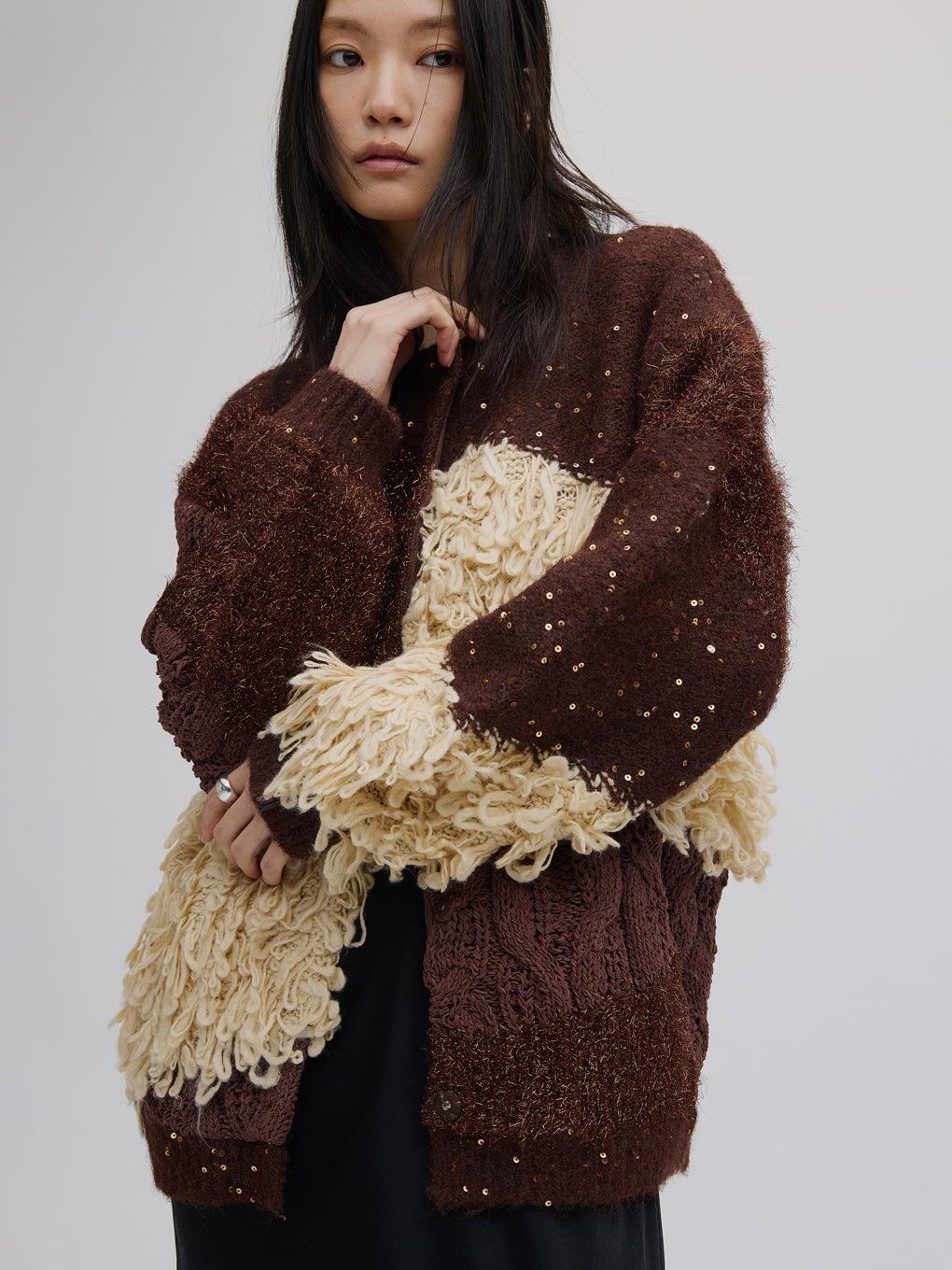 UND MIX YARN PATCHWORK KNIT CARDIGAN