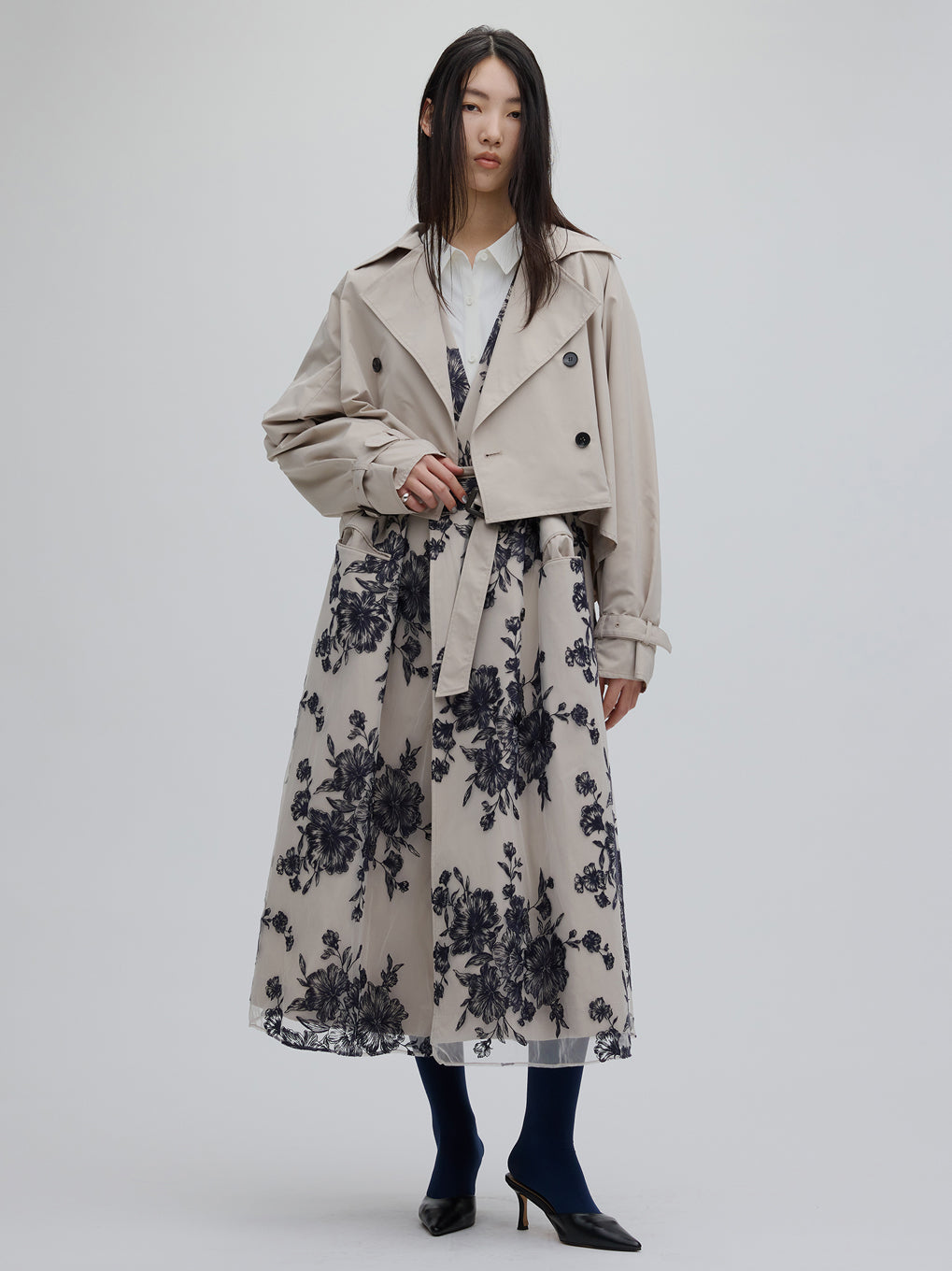 【Ameri Vintage】3WAY DOLMAN TRENCH COAT 3WAY TULLE EMBROIDERY DOCKING TRENCH COAT
