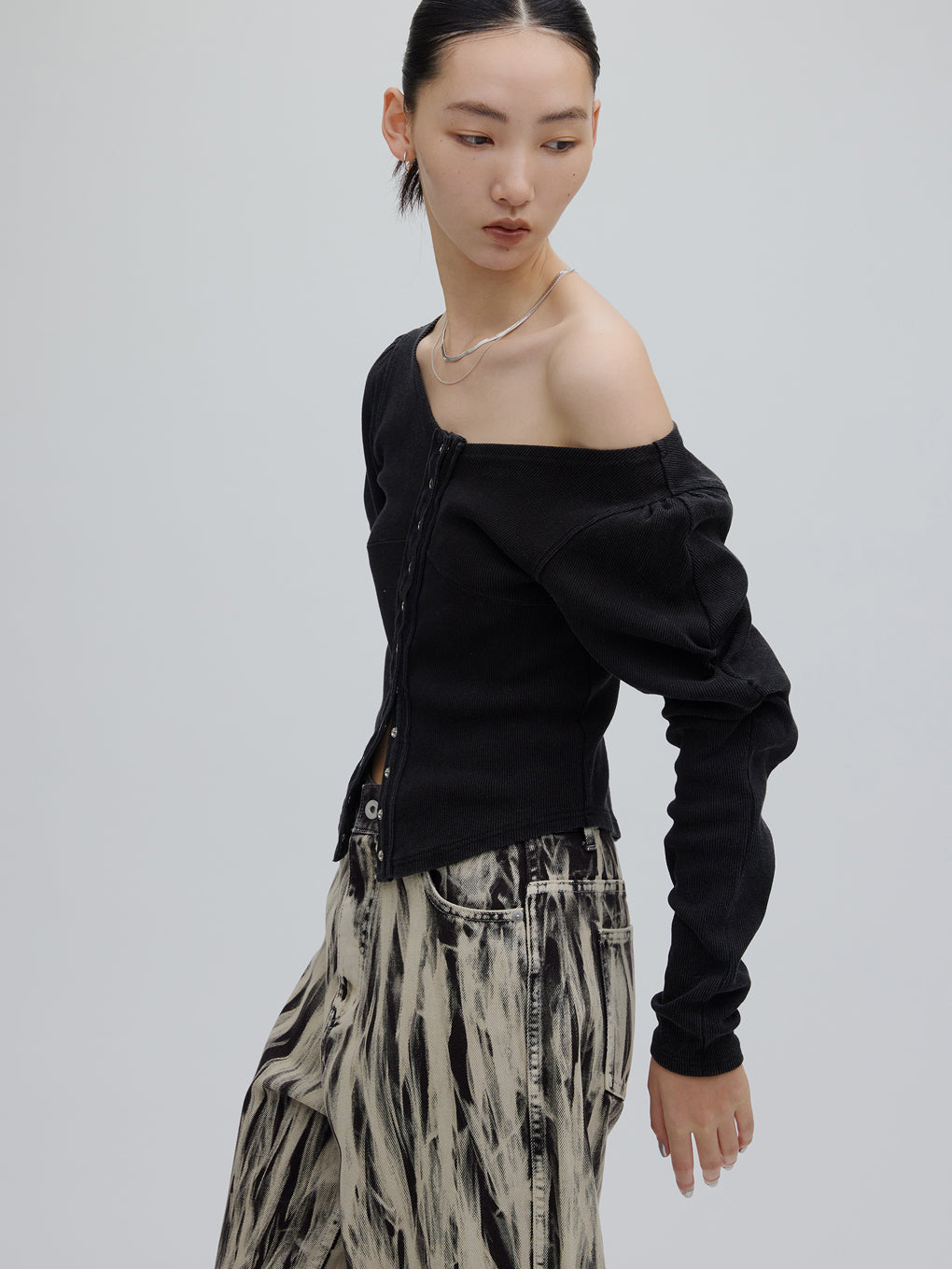 DENIM LIKE BALLOON SLEEVE CUT TOP