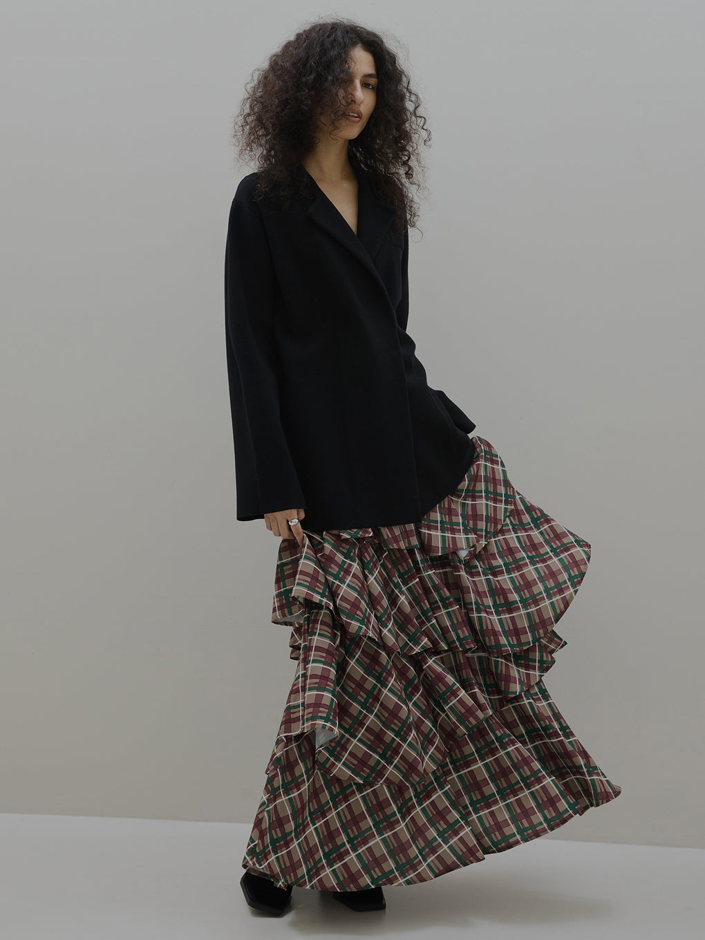 HANDWRITING CHECK TIERED SKIRT
