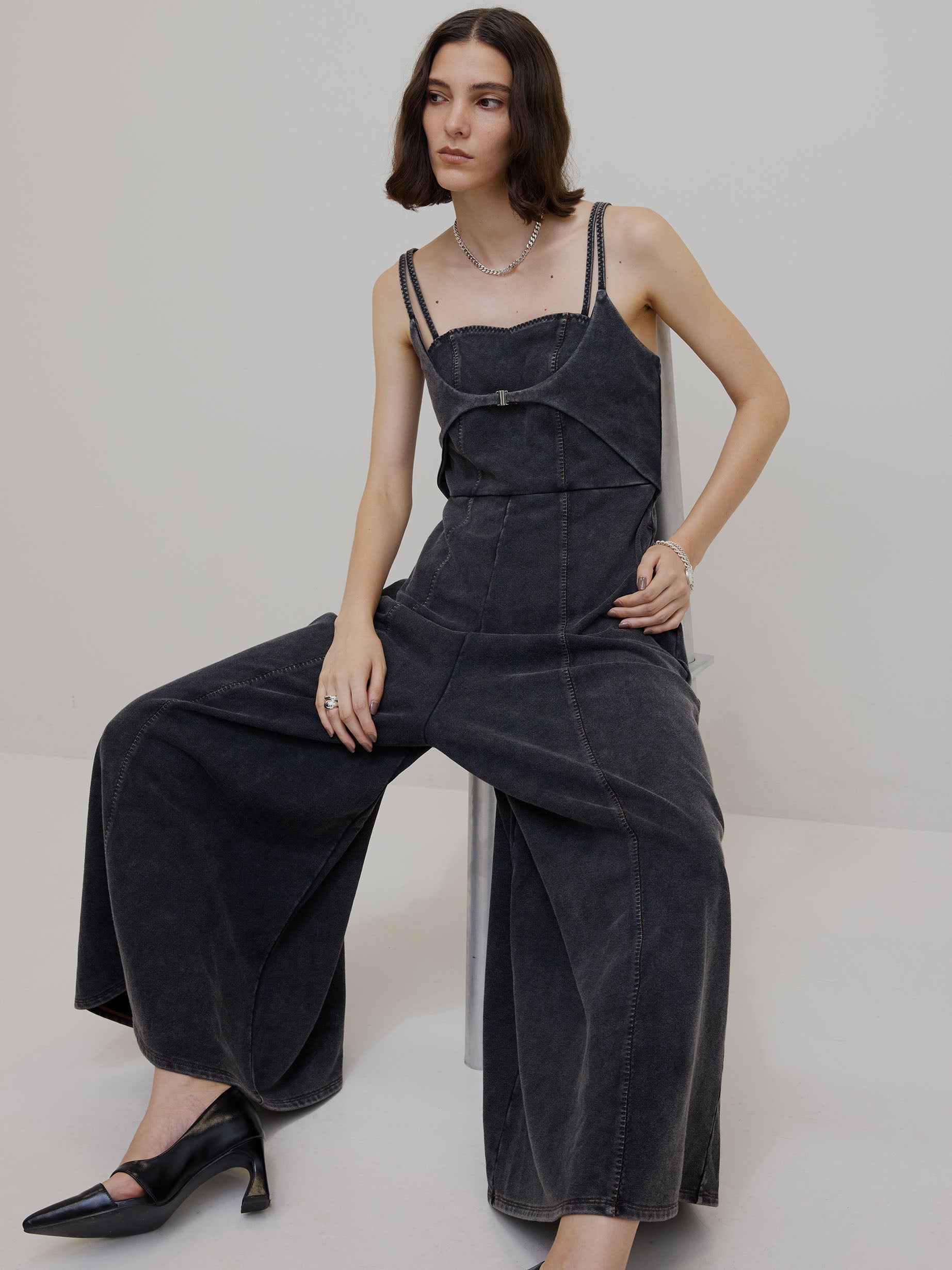 DENIM LIKE VOLUME CAMI ROMPERS