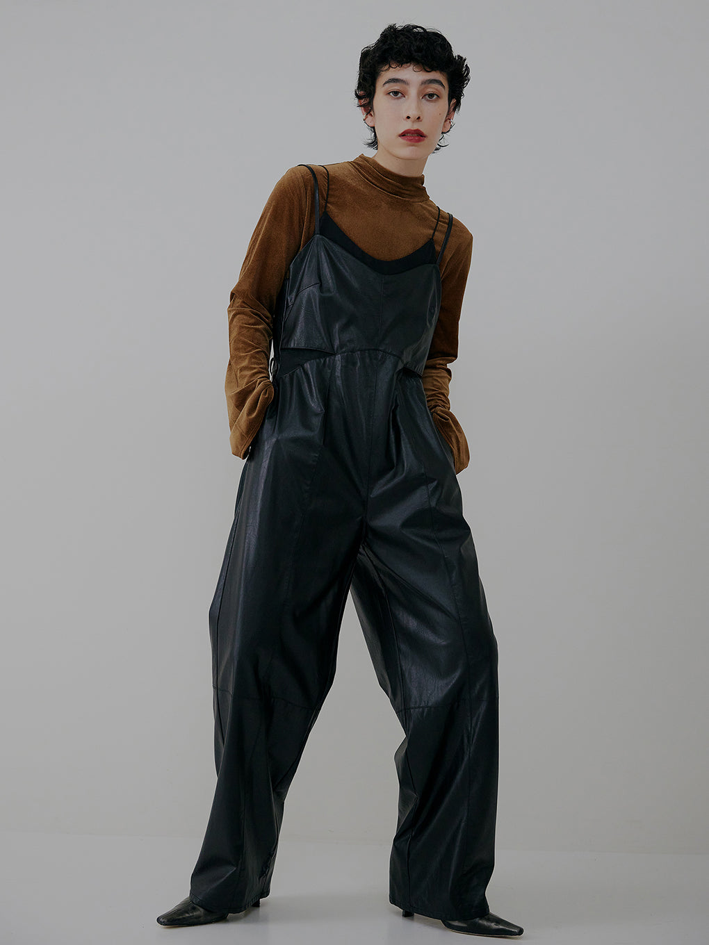 UND SHEER LAYERED  FAKE LEATHER ROMPERS