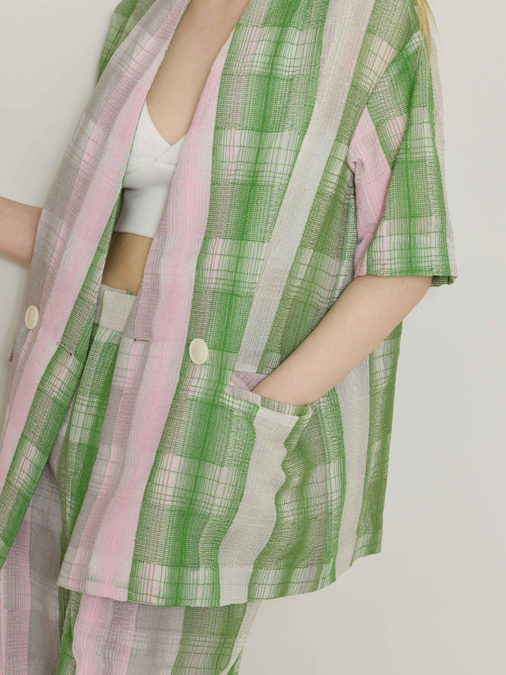 CHECK EMBROIDERY NO COLLAR JACKET