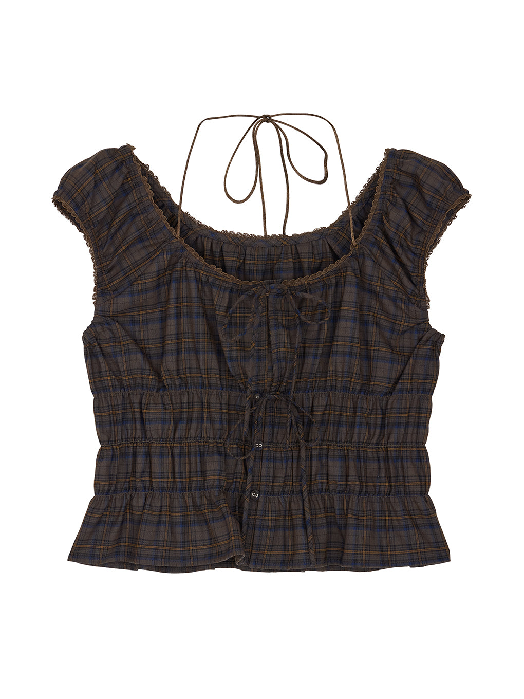CHECK SHIRRING RIBBON TOPS