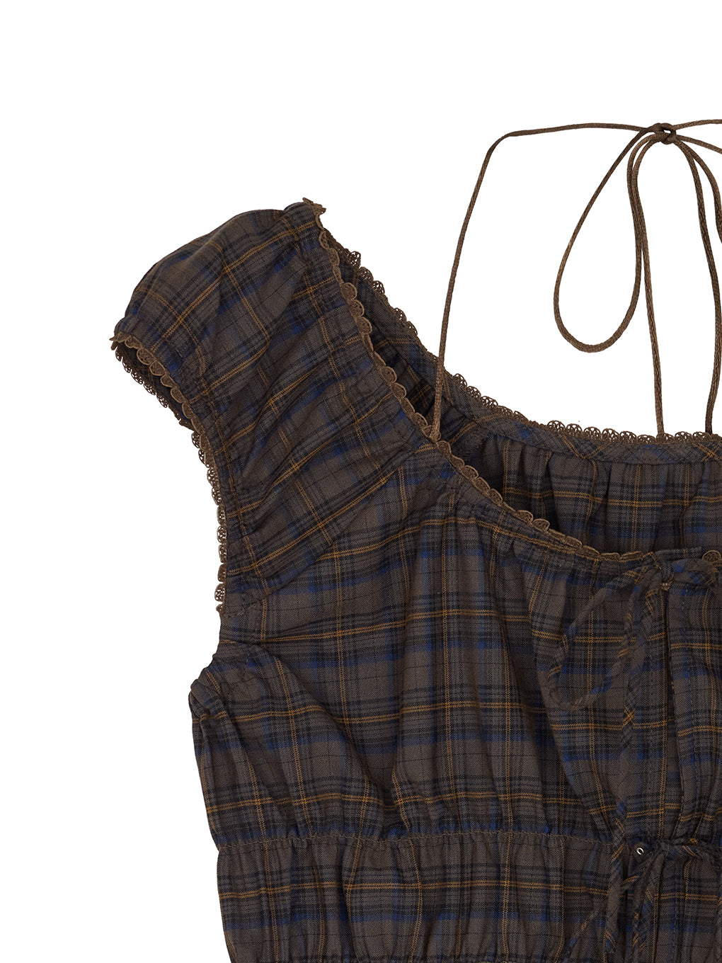 CHECK SHIRRING RIBBON TOPS