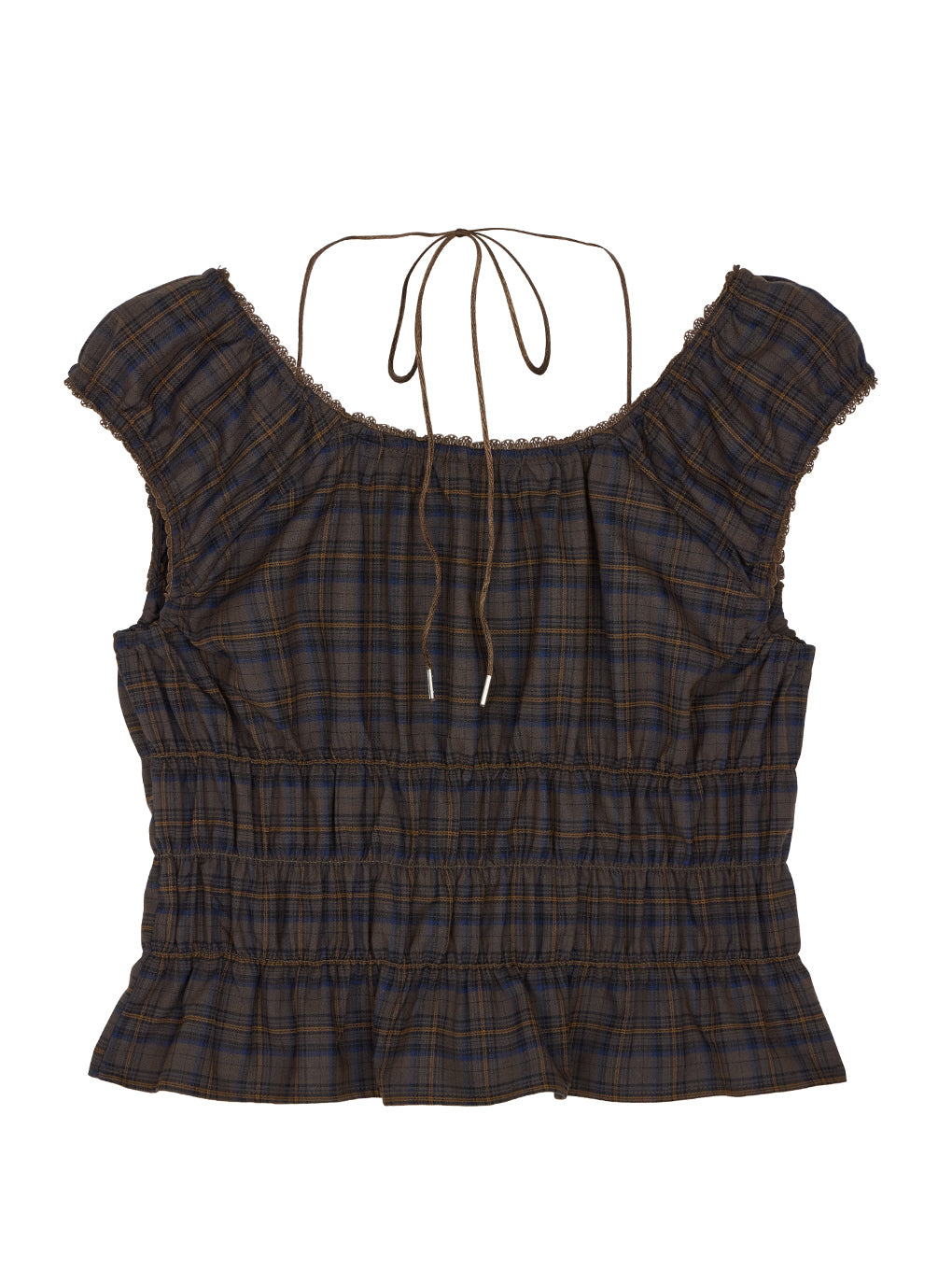 CHECK SHIRRING RIBBON TOPS