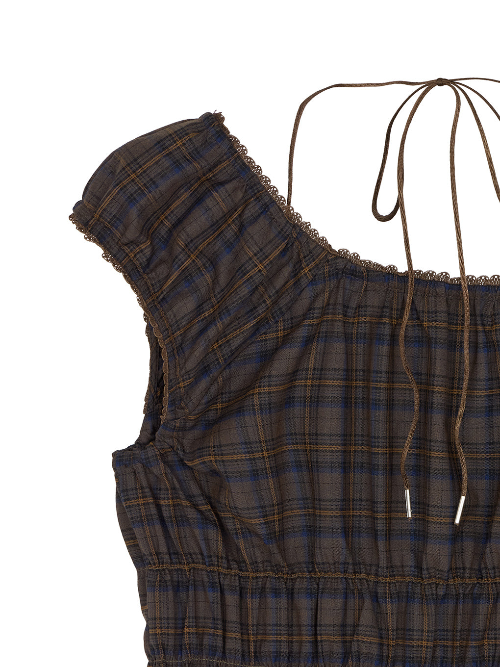 CHECK SHIRRING RIBBON TOPS