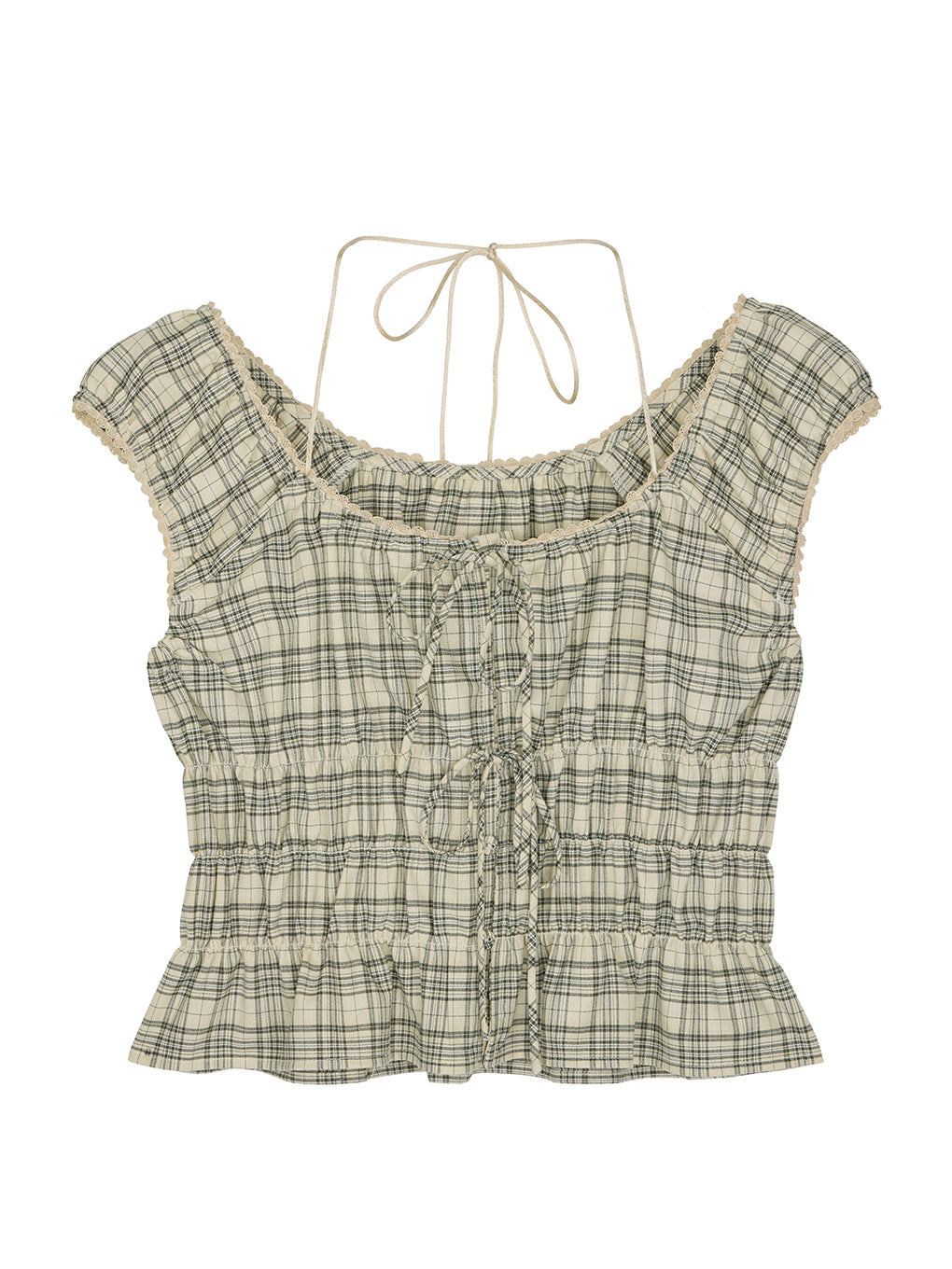 CHECK SHIRRING RIBBON TOPS