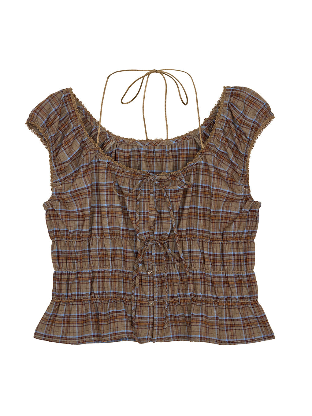 CHECK SHIRRING RIBBON TOPS