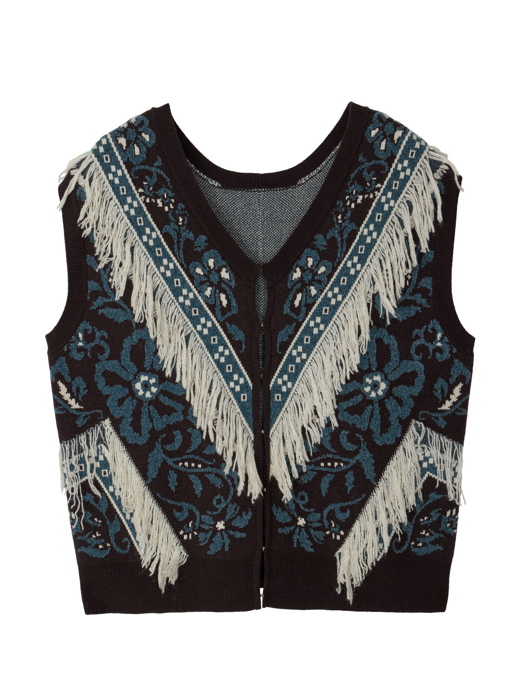 2WAY FLOWER PATTERN FRINGE KNIT VEST