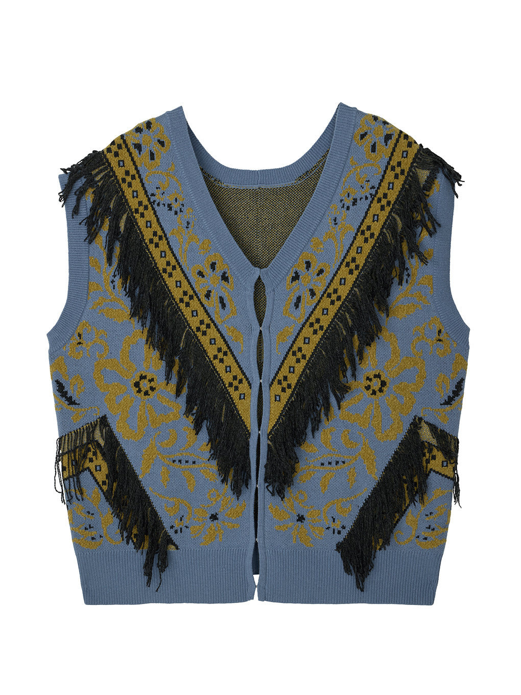2WAY FLOWER PATTERN FRINGE KNIT VEST