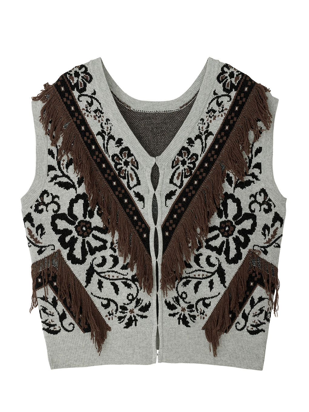 2WAY FLOWER PATTERN FRINGE KNIT VEST