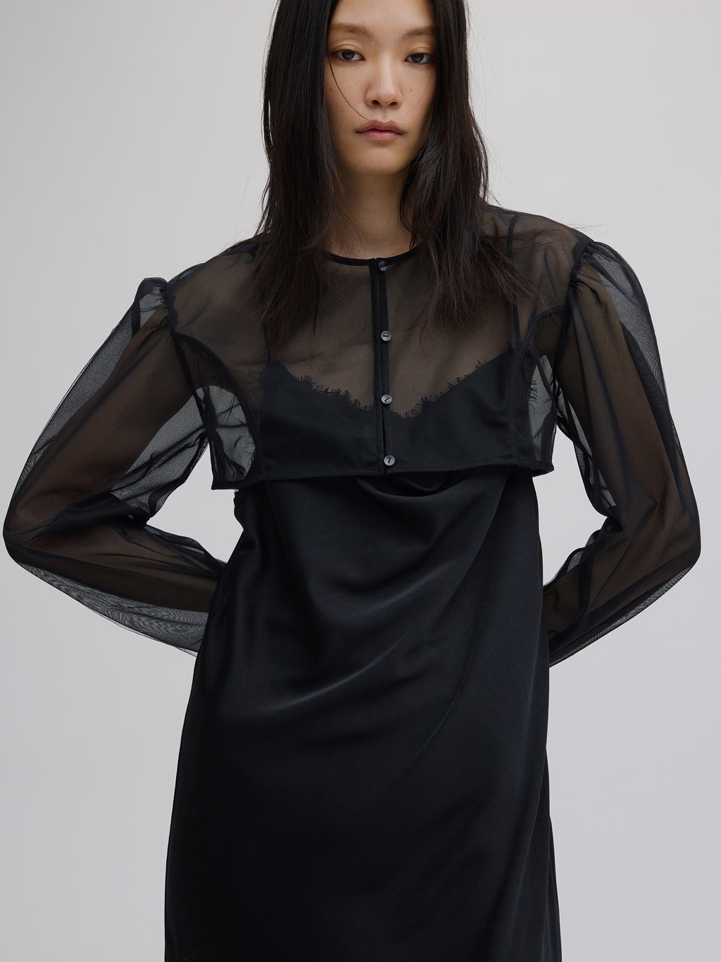 SHEER LAYERED SATIN DRESS