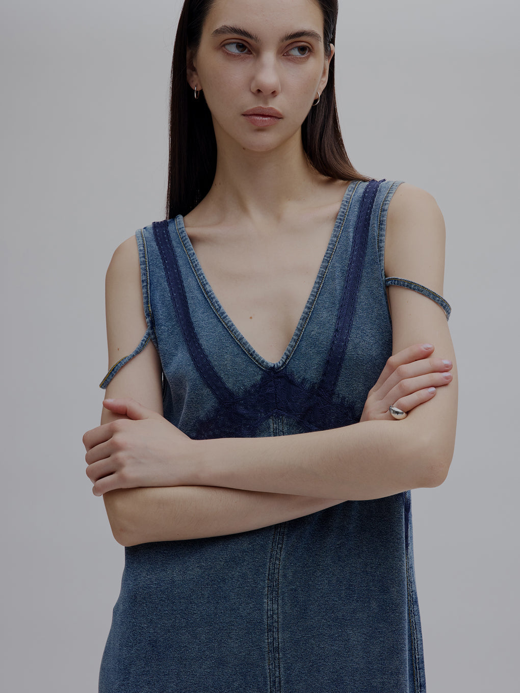 ワンピース AMERI 2WAY DENIM LIKE LACE DOCKING MEDI 2WAY DENIM LIKE LACE DOCKING DRESS