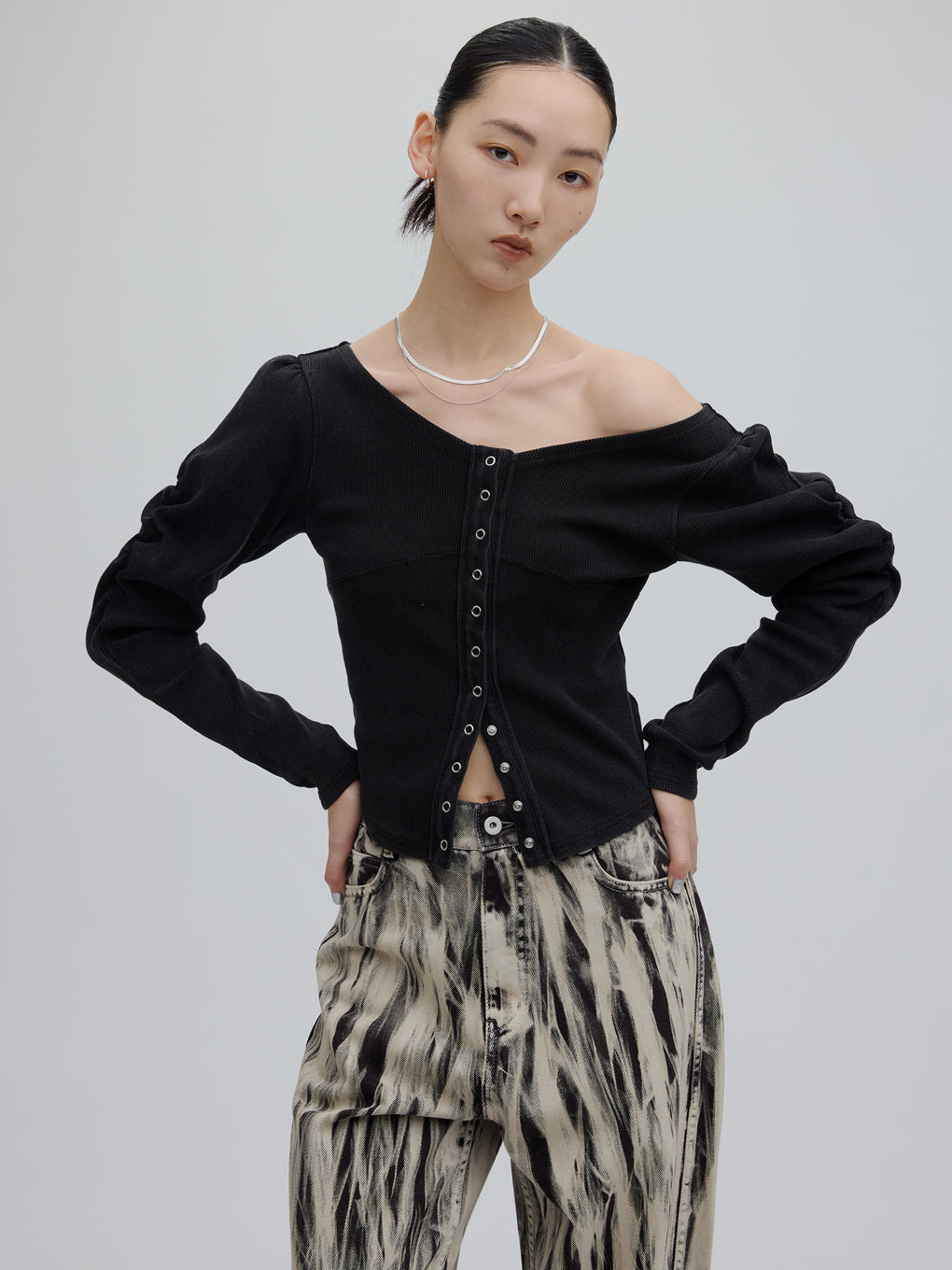 DENIM LIKE BALLOON SLEEVE CUT TOP