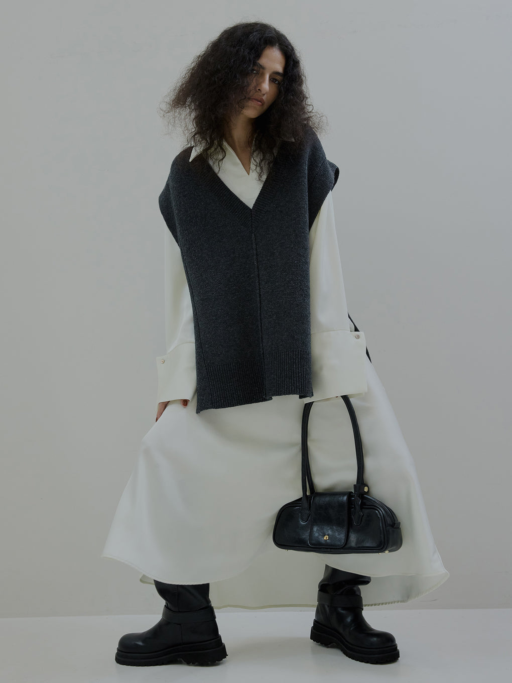 KNIT VEST SET SATIN DRESS