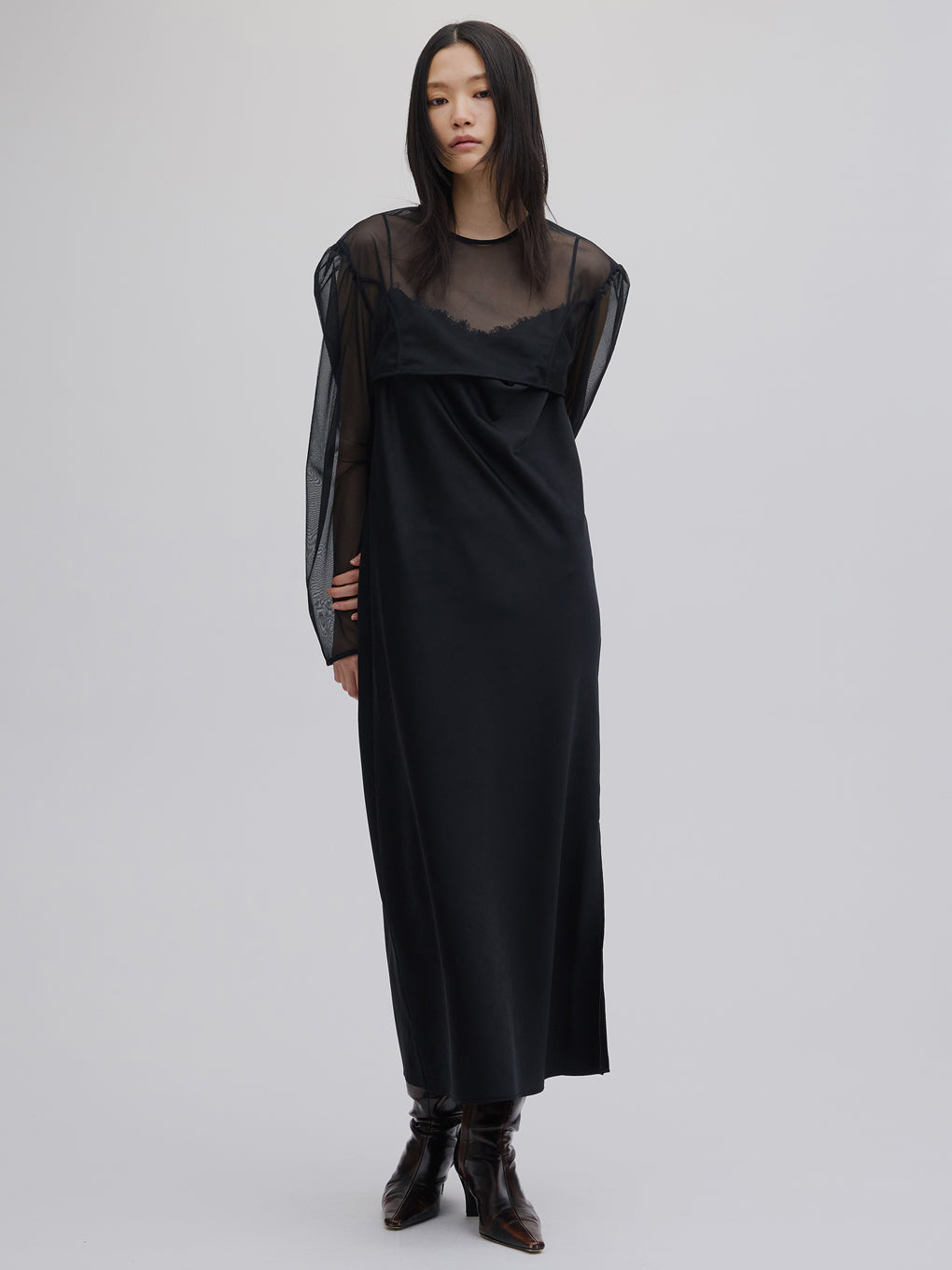 SHEER LAYERED SATIN DRESS