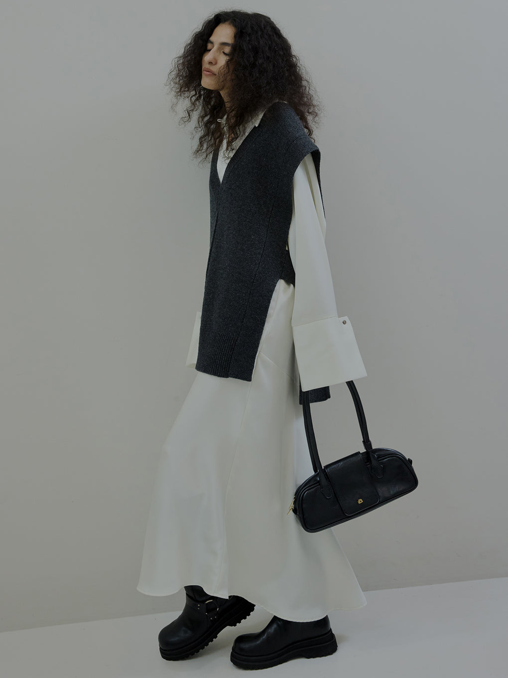 KNIT VEST SET SATIN DRESS