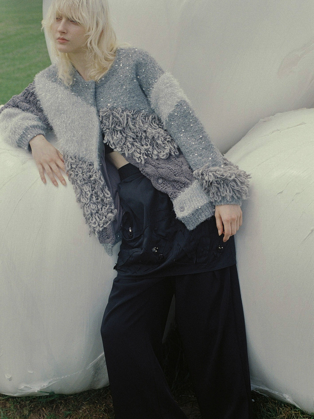 UND MIX YARN PATCHWORK KNIT CARDIGAN