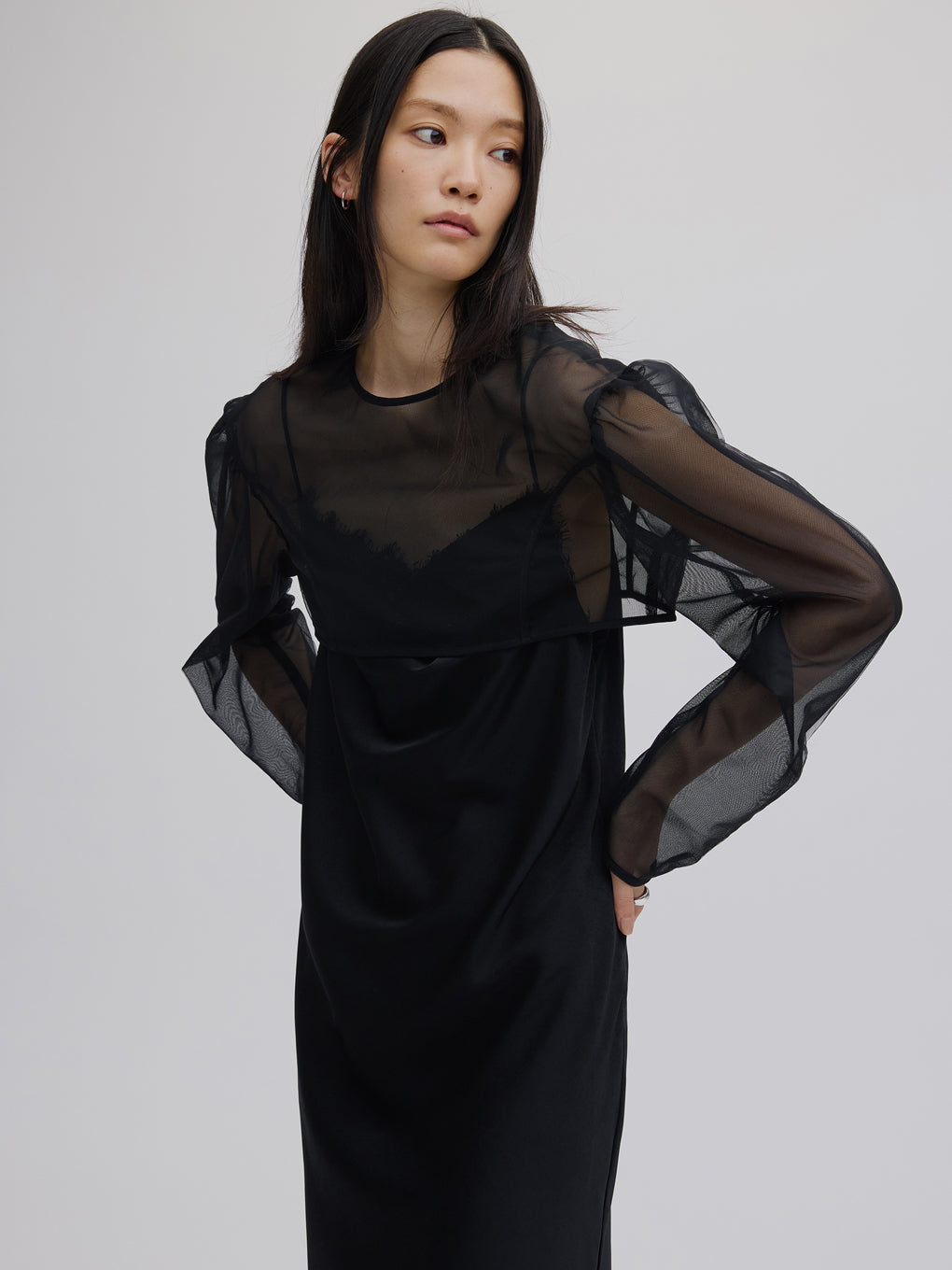 SHEER LAYERED SATIN DRESS