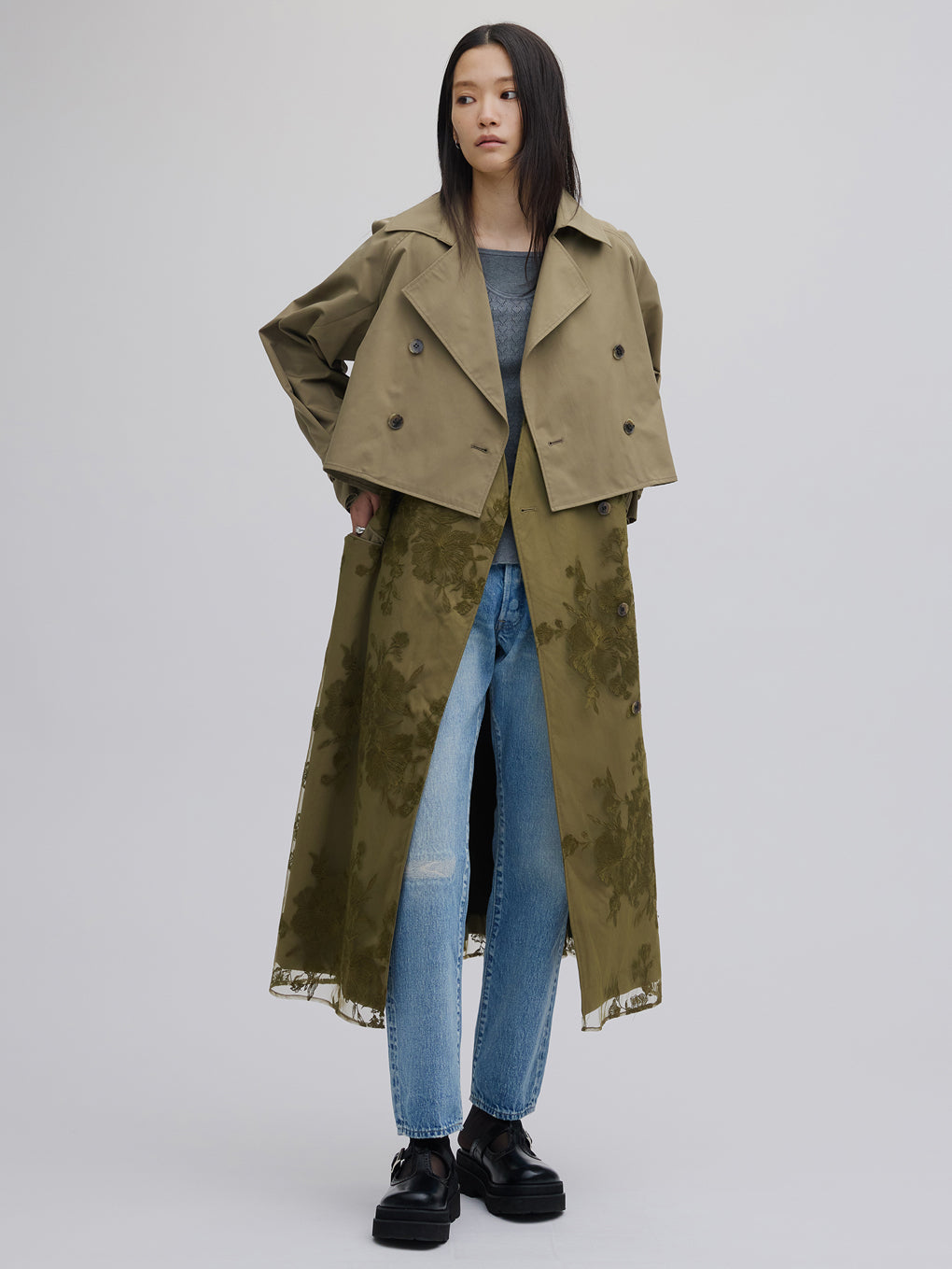 3WAY TULLE EMBROIDERY DOCKING TRENCH COAT