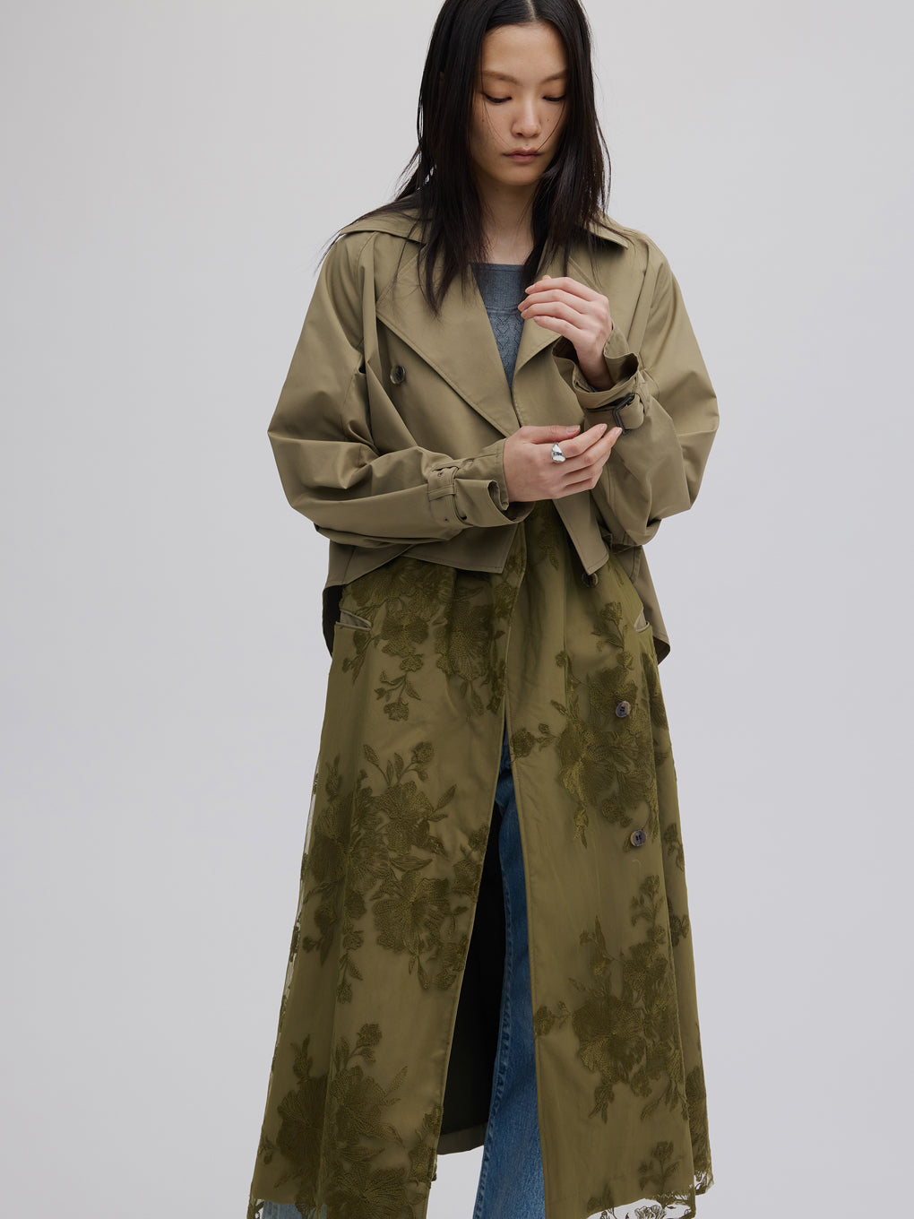 3WAY TULLE EMBROIDERY DOCKING TRENCH COAT