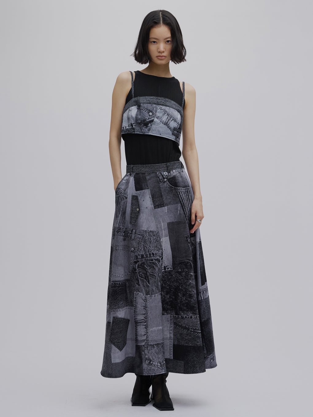 スカート DENIM PATCHWORK PRINT SKIRT DENIM PATCHWORK PRINT SKIRT