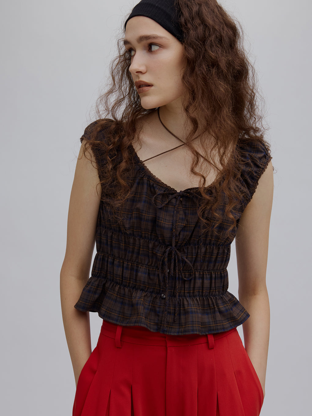 CHECK SHIRRING RIBBON TOPS