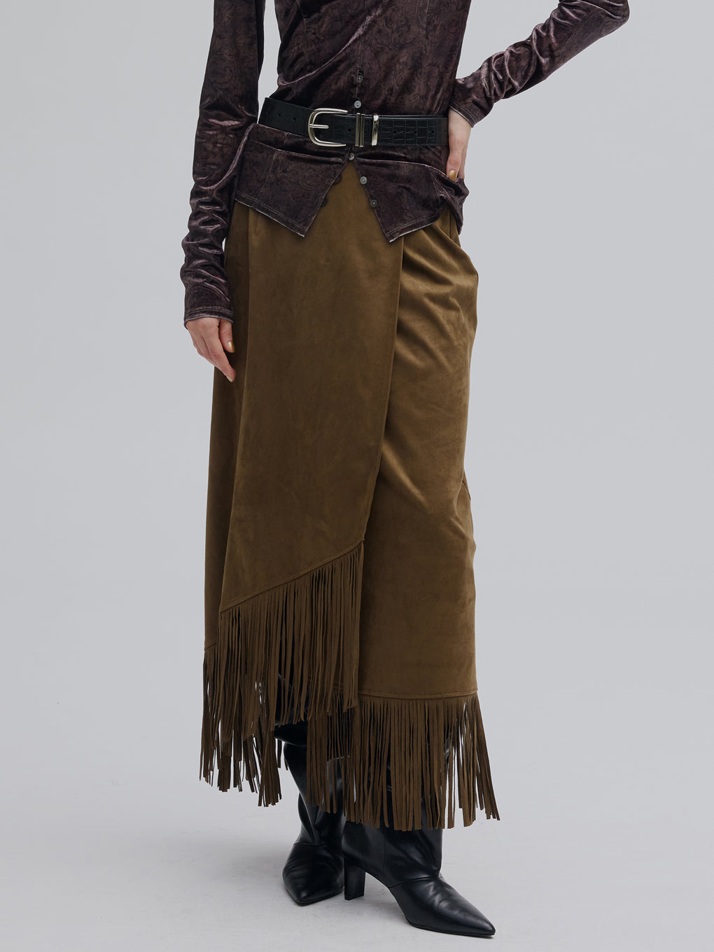 SUEDE FRINGE WRAP SKIRT