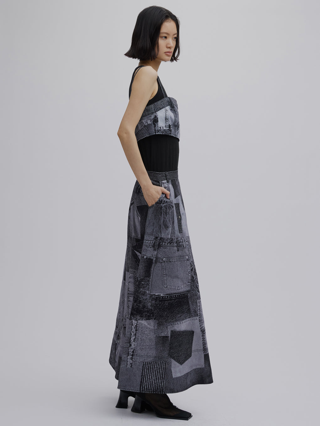 DENIM PATCHWORK PRINT SKIRT