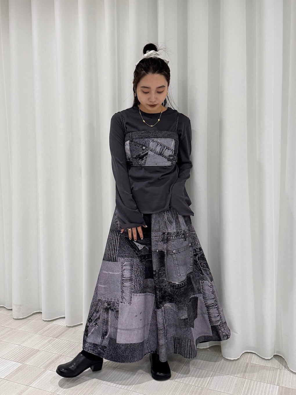 DENIM PATCHWORK PRINT SKIRT