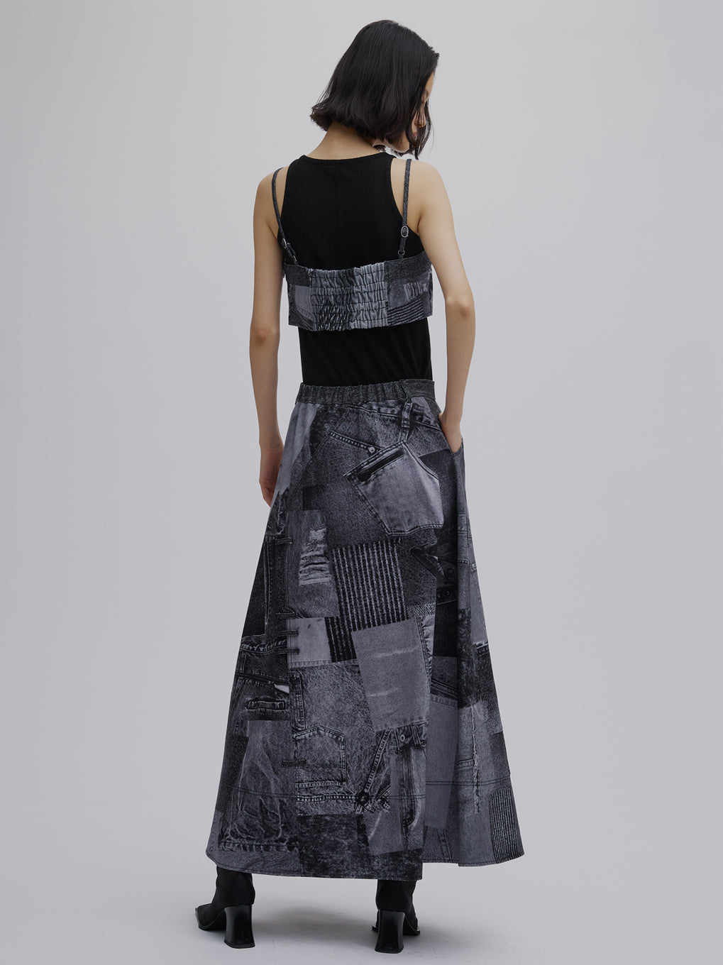 DENIM PATCHWORK PRINT SKIRT