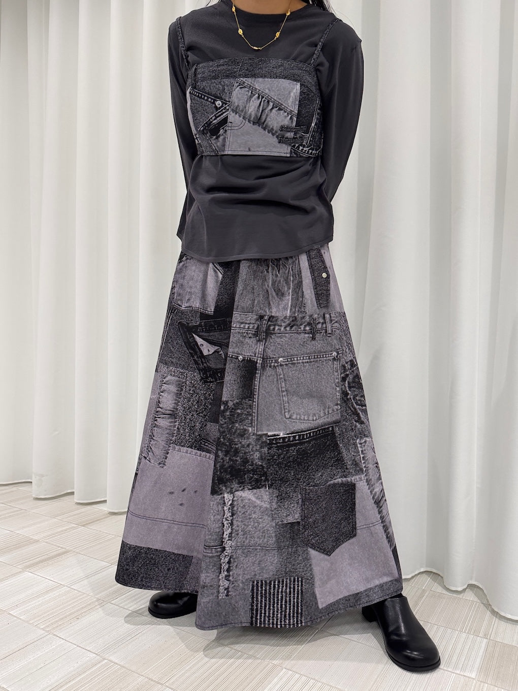 DENIM PATCHWORK PRINT SKIRT