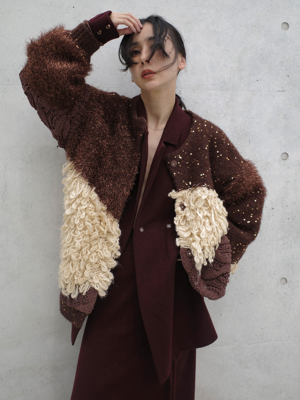 UND MIX YARN PATCHWORK KNIT CARDIGAN