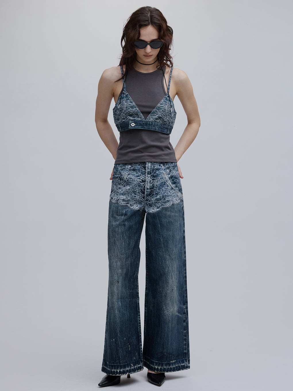 FAKE DENIM LACE BUSTIER
