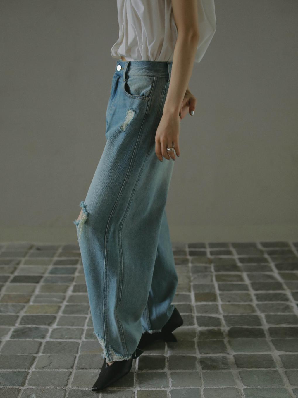 HEM FRINGE EGG DENIM PANTS