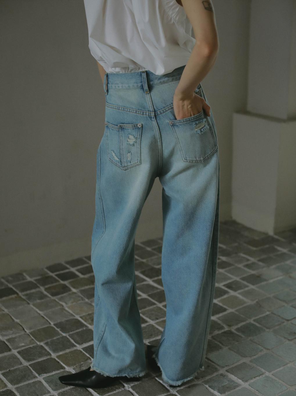 HEM FRINGE EGG DENIM PANTS